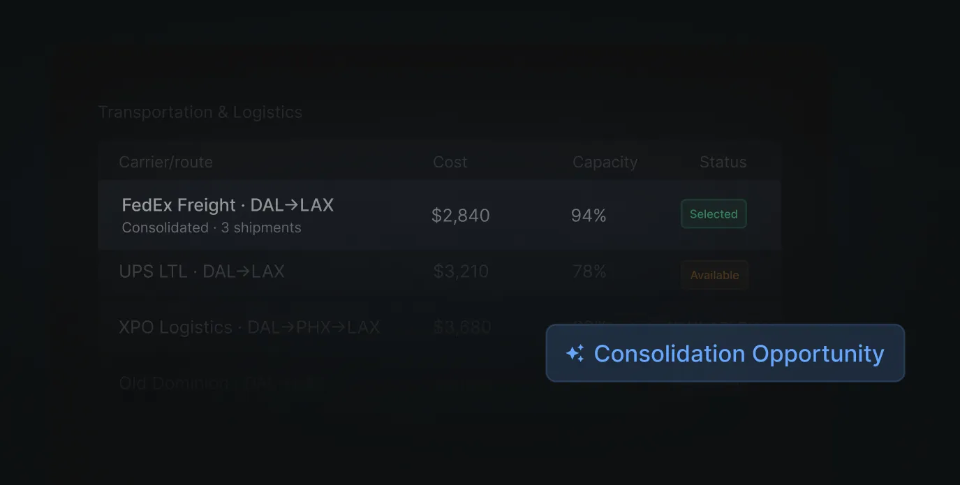 Carrier selection table with a consolidation opportunity callout
